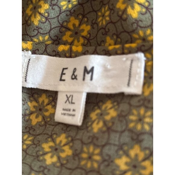 E & M Womens Size XL Olive Green Yellow Peplum Top  Blouse Tie Waist Lightweight - Picture 8 of 10